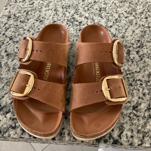 Birkenstock Shoes - Birkenstock Brown Leather Double Buckle Sandals with Gold Buckles